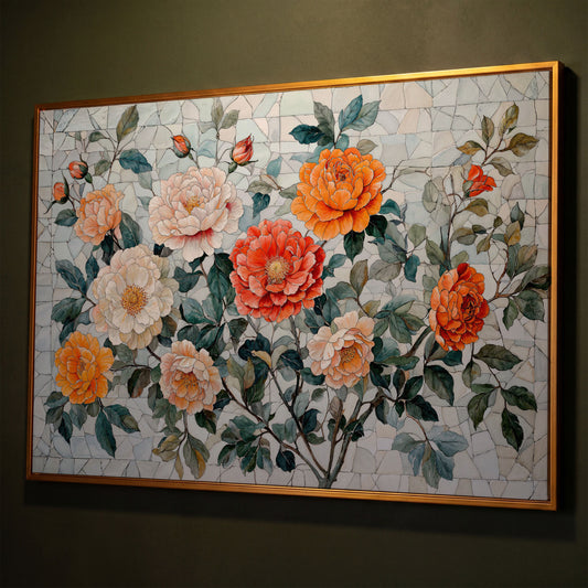 Vibrant Botanical Flowers Canvas shown in antique gold floating frame