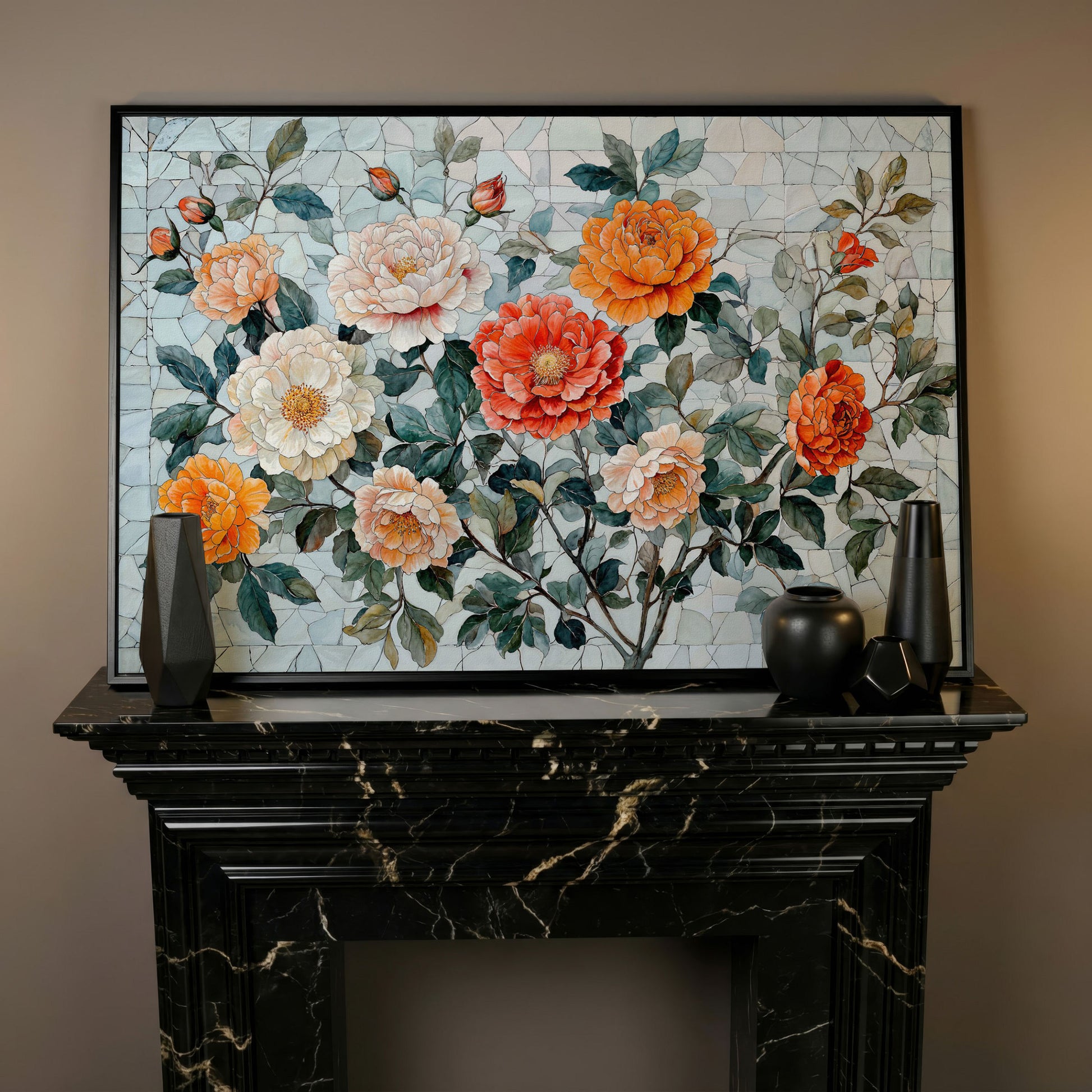 Vibrant Botanical Flowers Canvas in black floating frame