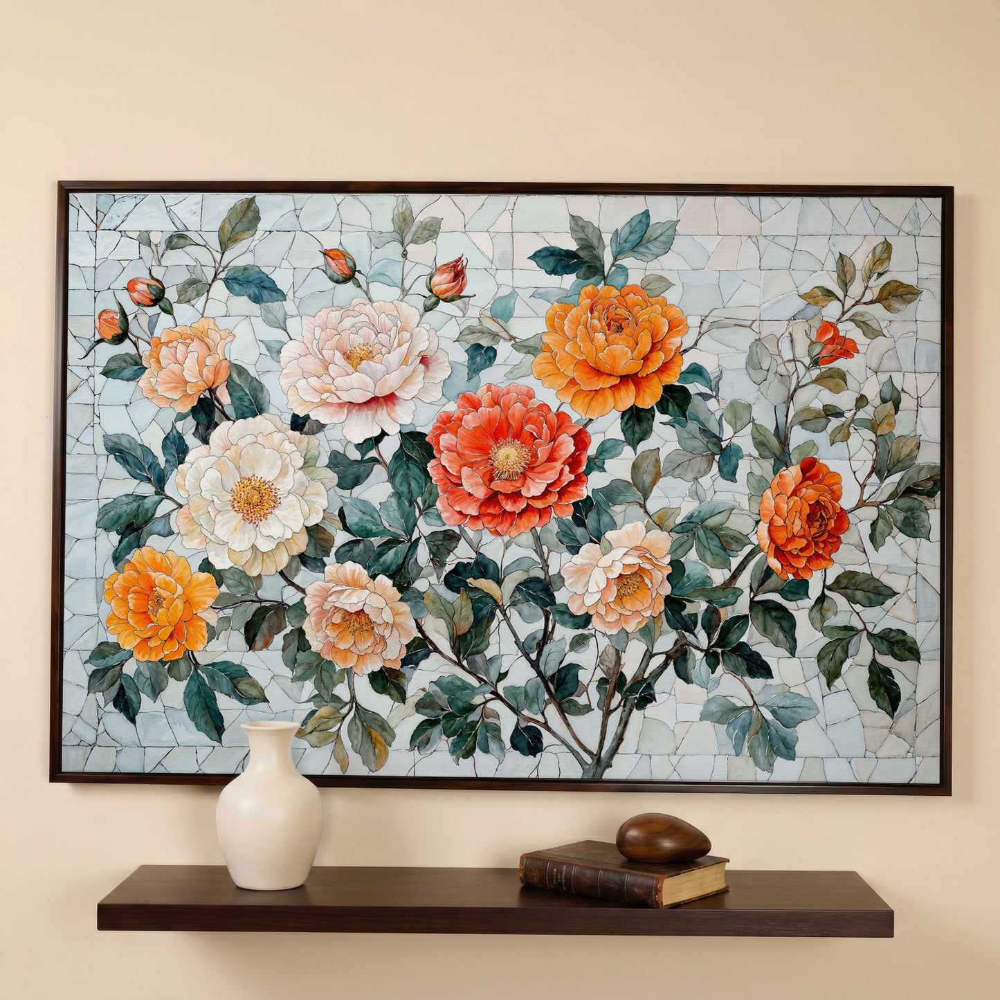 Vibrant Botanical Flowers Canvas in dark walnut floating frame
