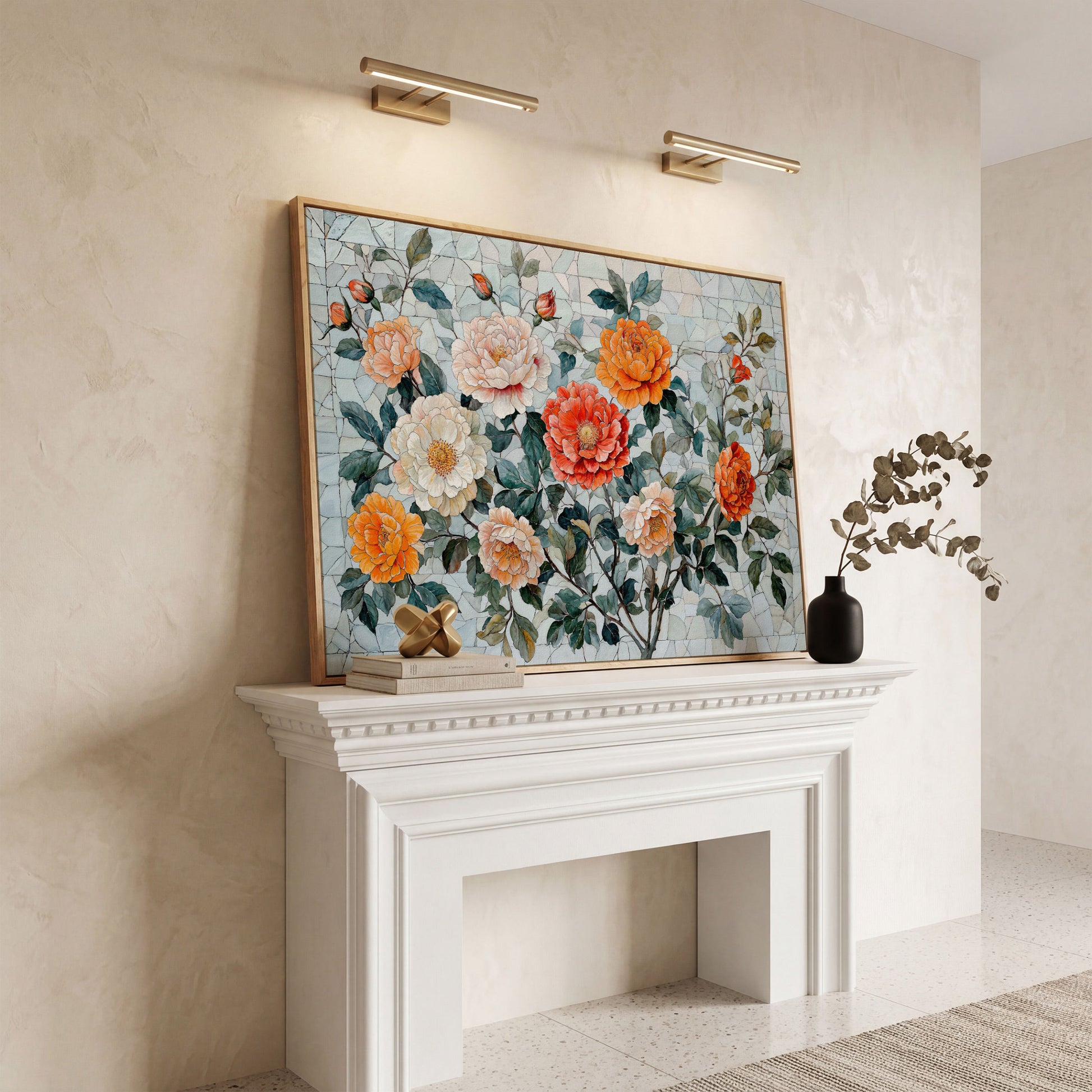 Vibrant Botanical Flowers Canvas in white oak floating frame