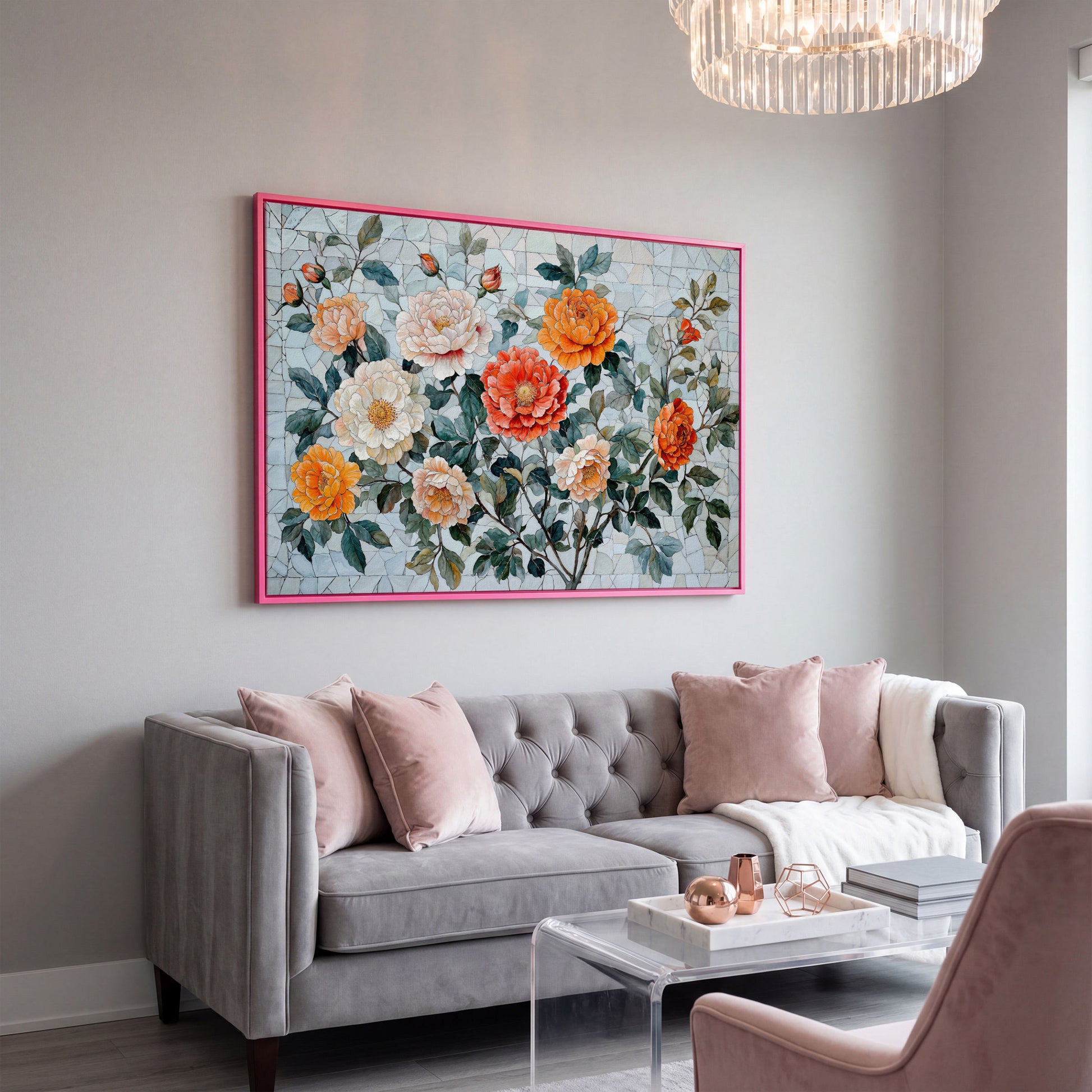 Vibrant Botanical Flowers Canvas in pink floating frame