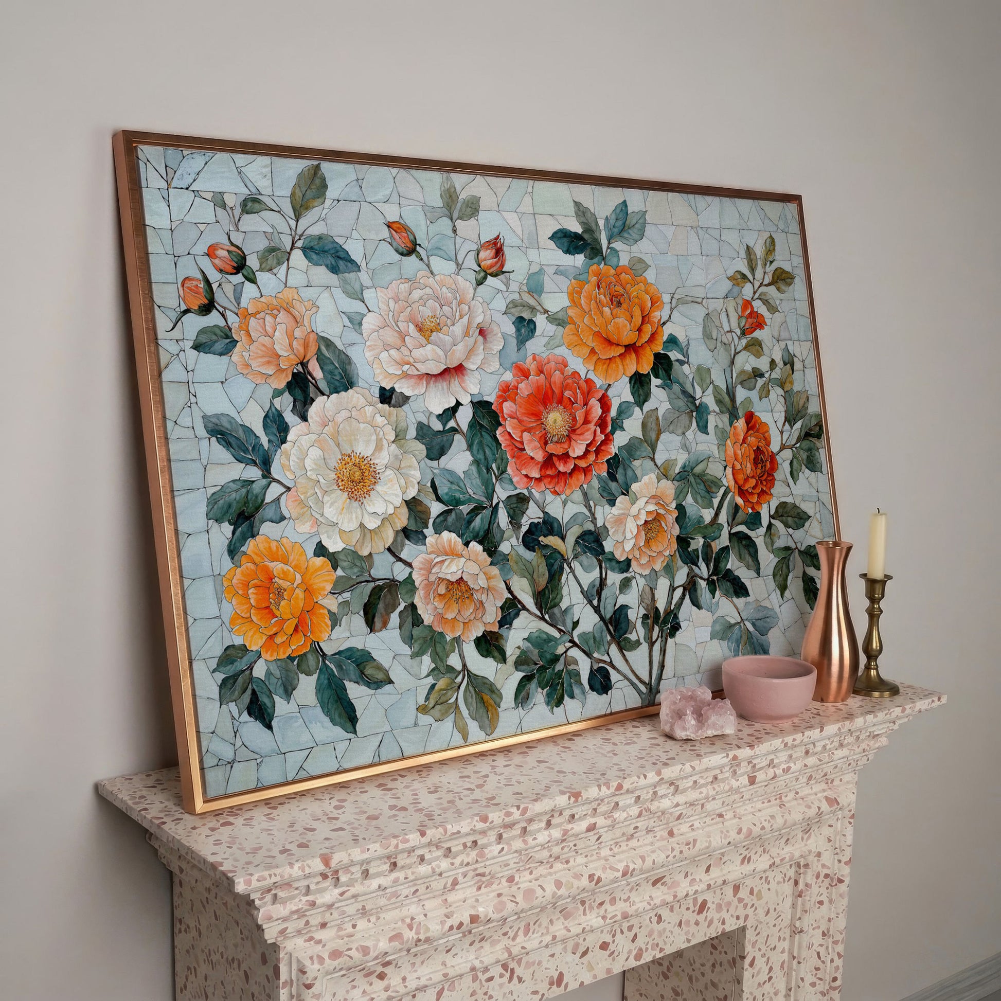 Vibrant Botanical Flowers Canvas in rose gold floating frame