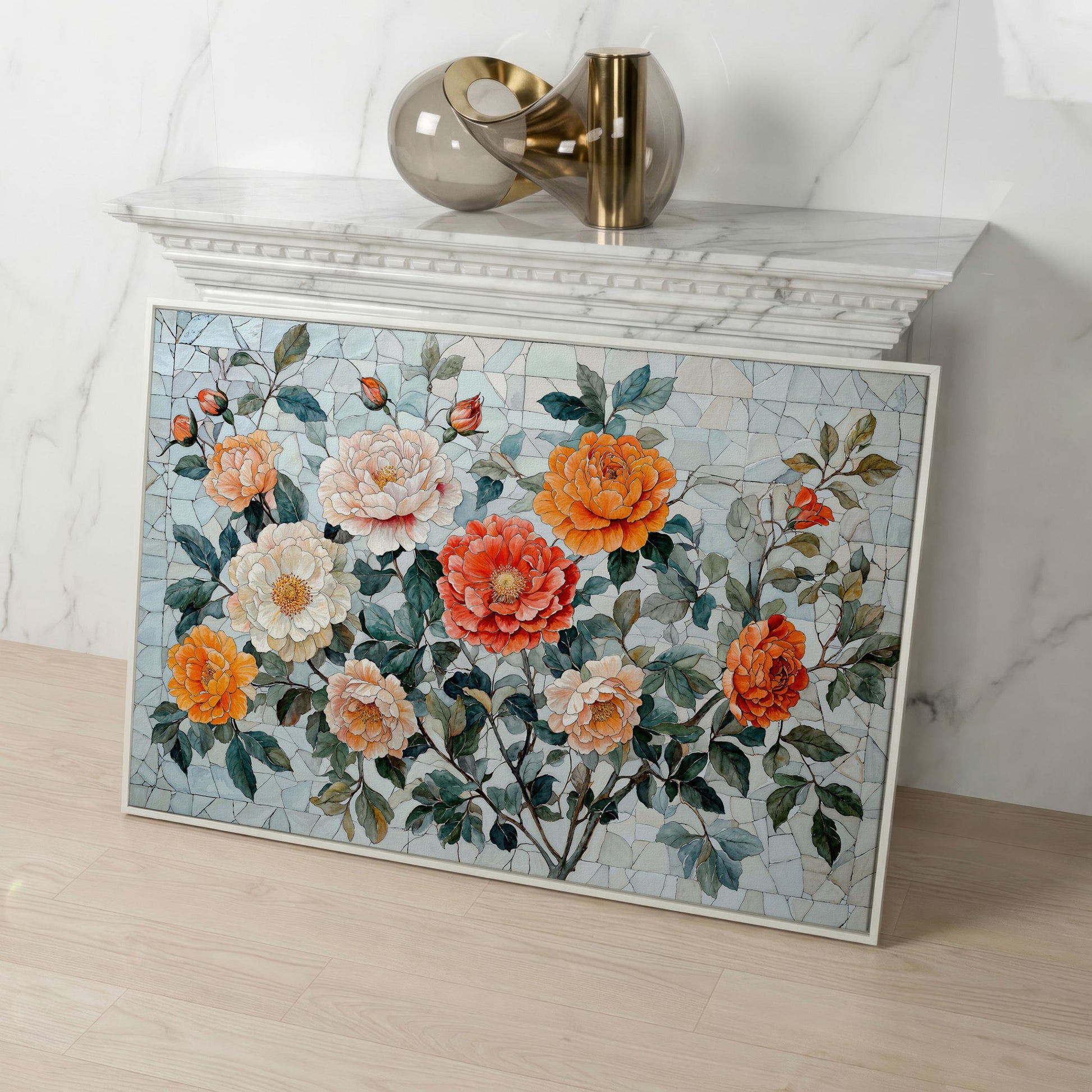 Vibrant Botanical Flowers Canvas in white floating frame