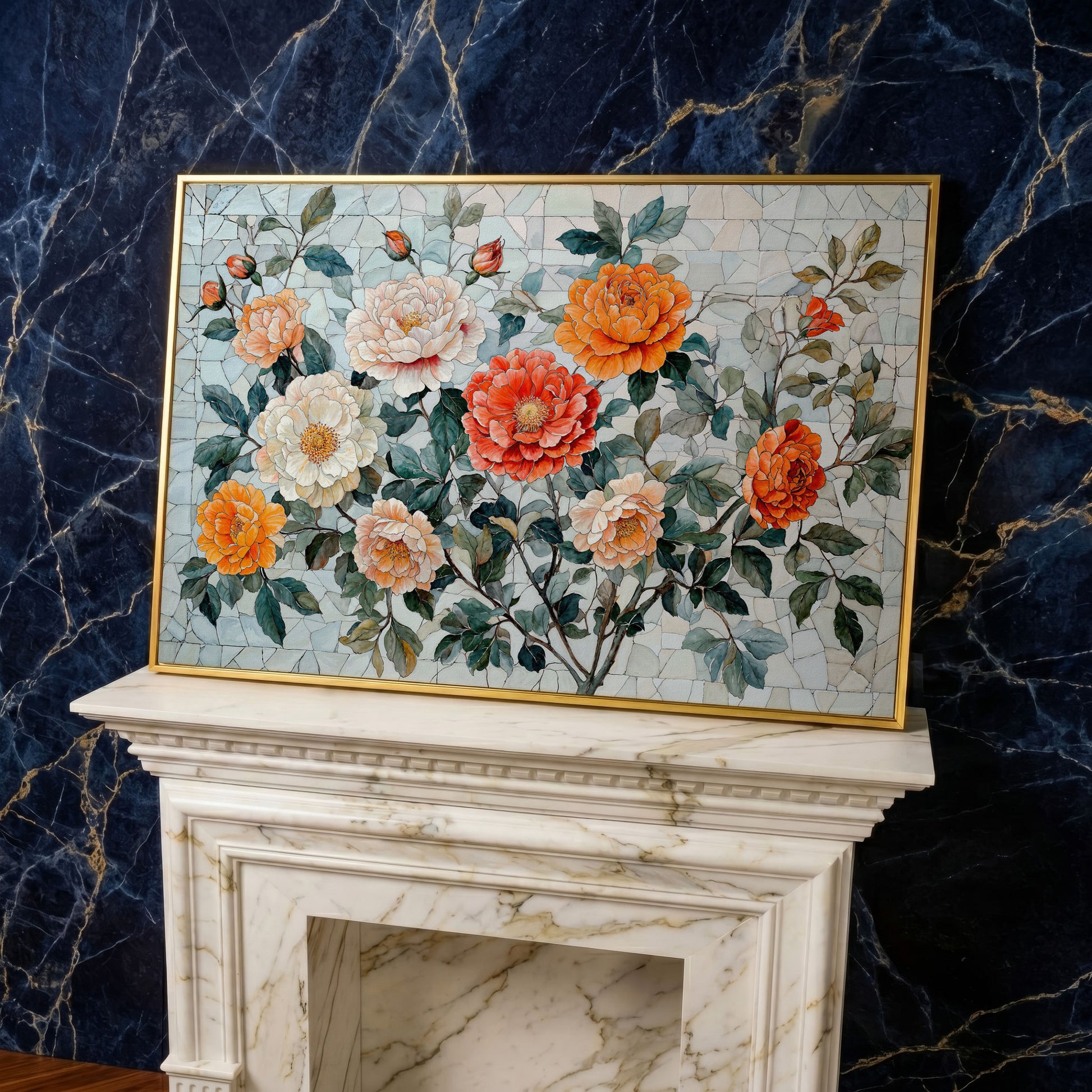 Vibrant Botanical Flowers Canvas in yellow gold floating frame