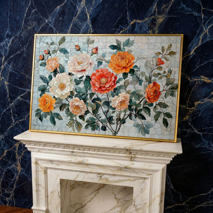 Vibrant Botanical Flowers Canvas in yellow gold floating frame