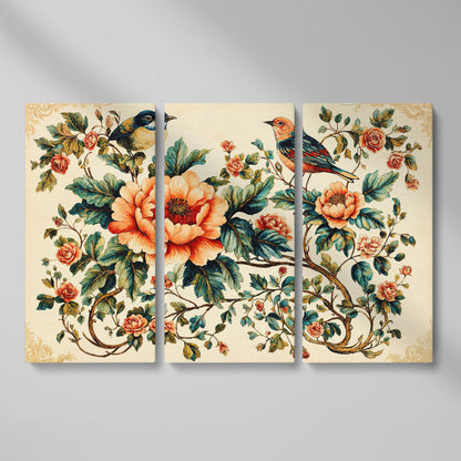 Two Birds Among Roses and Peonies. Botanical Canvas Art as 3-panel split version