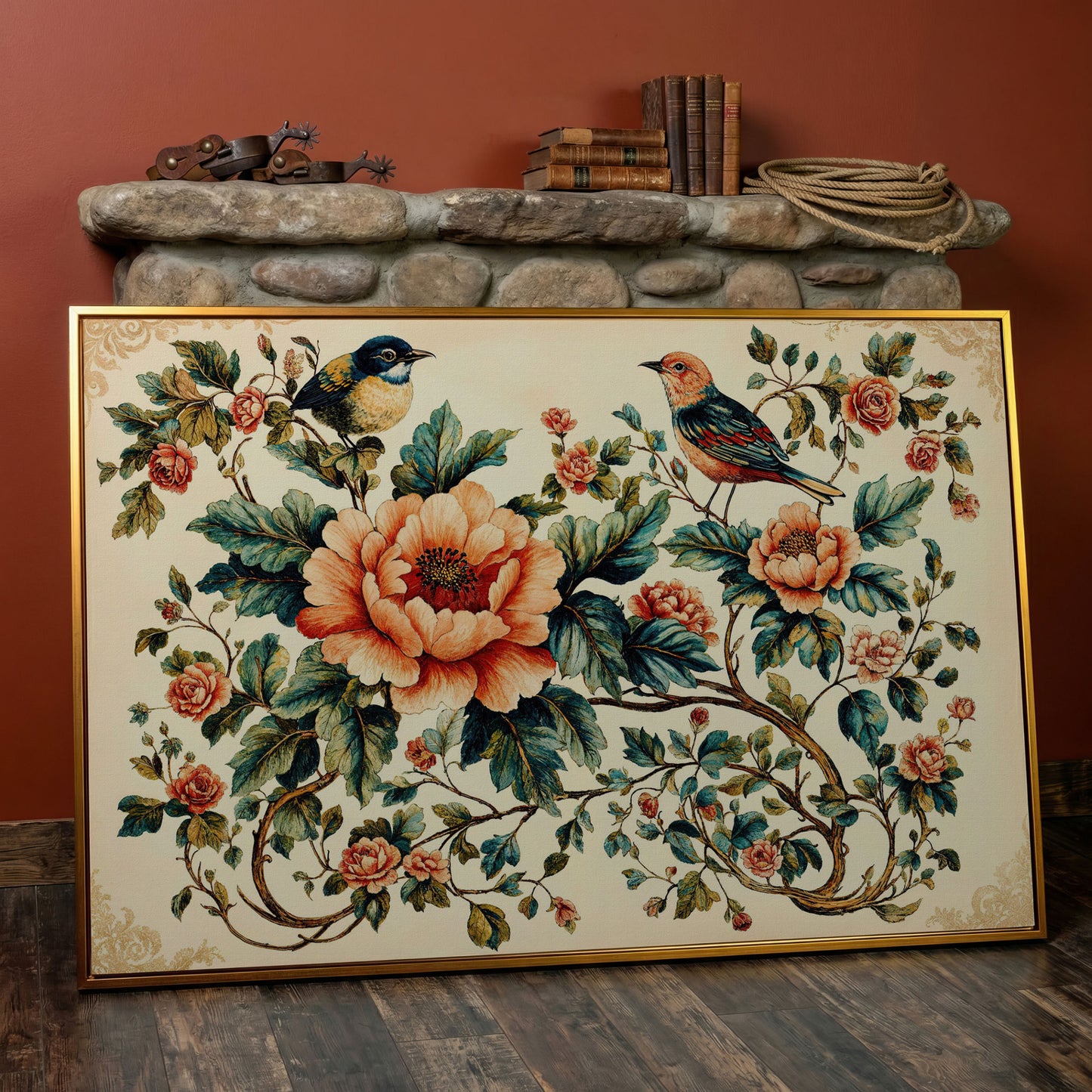 Two Birds Among Roses and Peonies. Botanical Canvas Art in antique gold floating frame