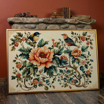 Two Birds Among Roses and Peonies. Botanical Canvas Art in antique gold floating frame