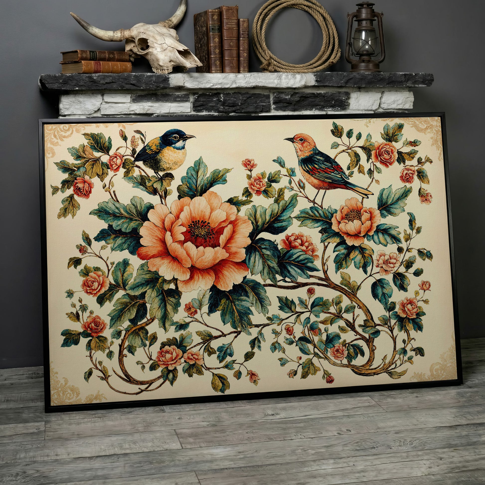Two Birds Among Roses and Peonies. Botanical Canvas Art in black floating frame