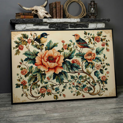 Two Birds Among Roses and Peonies. Botanical Canvas Art in black floating frame