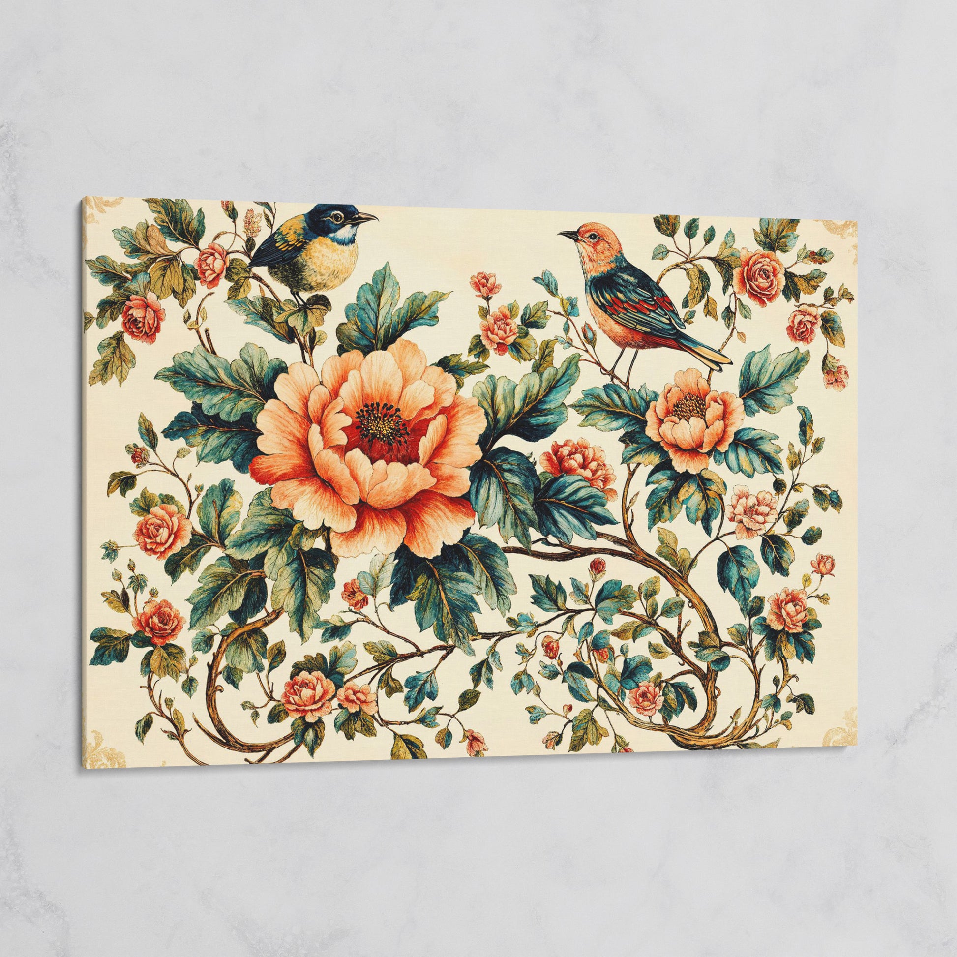 Two Birds Among Roses and Peonies. Botanical Canvas Art on gallery wrap
