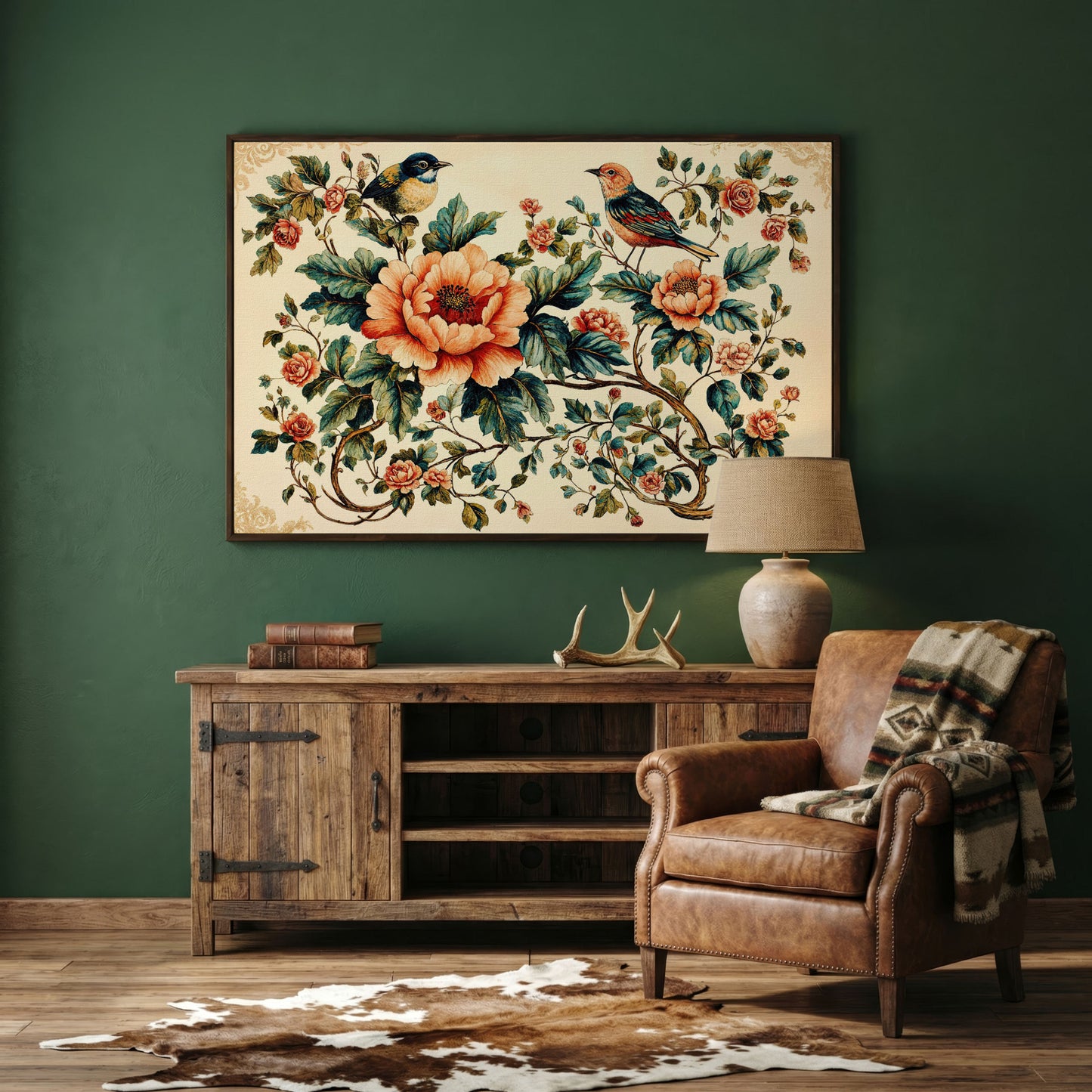 Two Birds Among Roses and Peonies. Botanical Canvas Art in dark walnut floating frame
