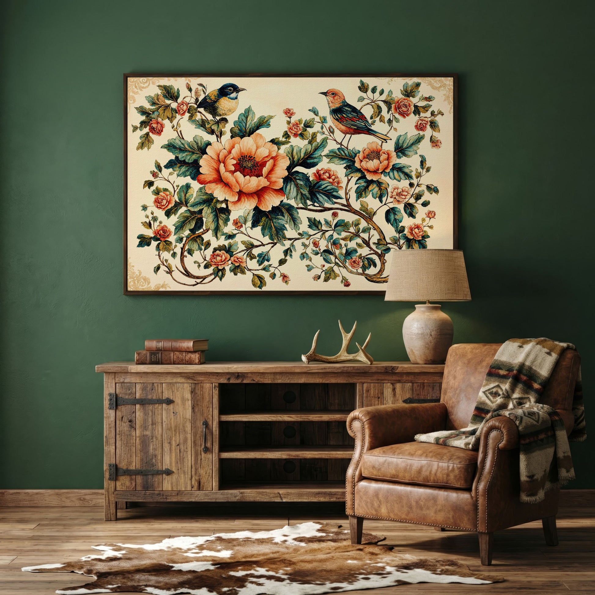 Two Birds Among Roses and Peonies. Botanical Canvas Art in dark walnut floating frame
