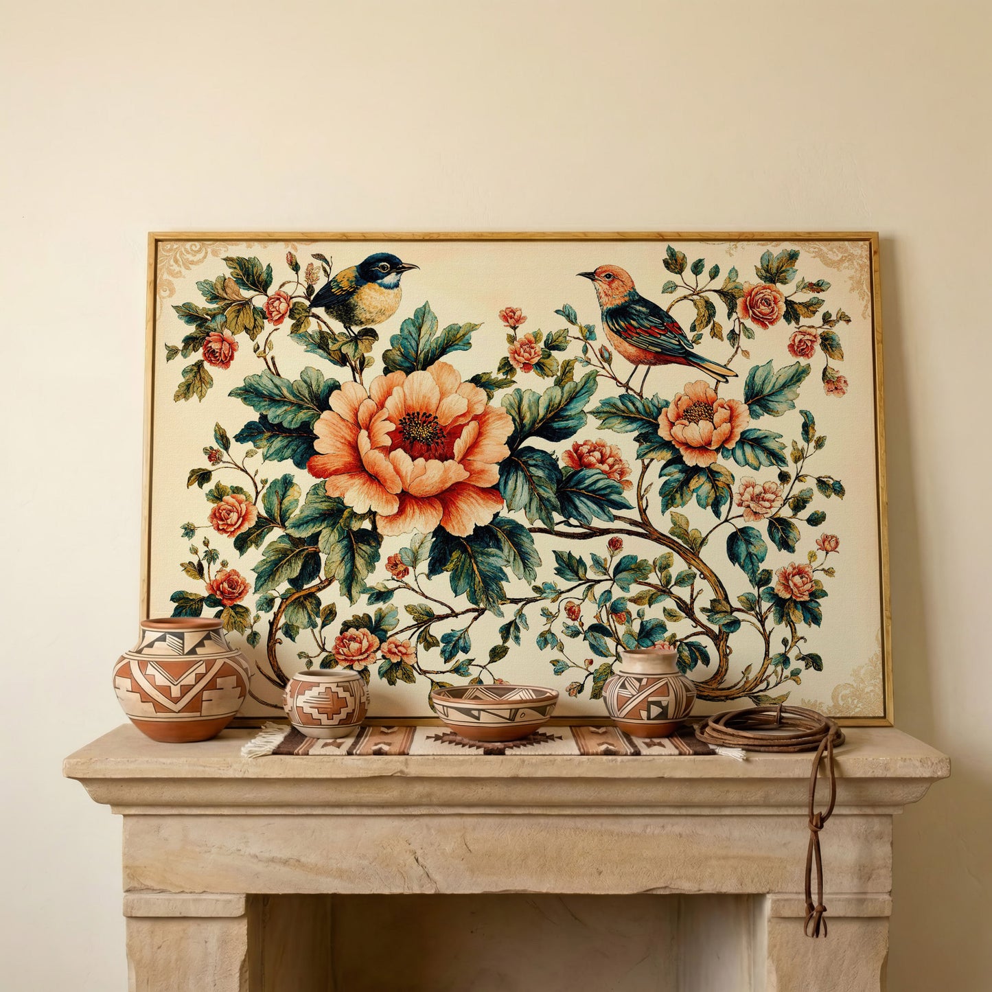 Two Birds Among Roses and Peonies. Botanical Canvas Art in white oak floating frame
