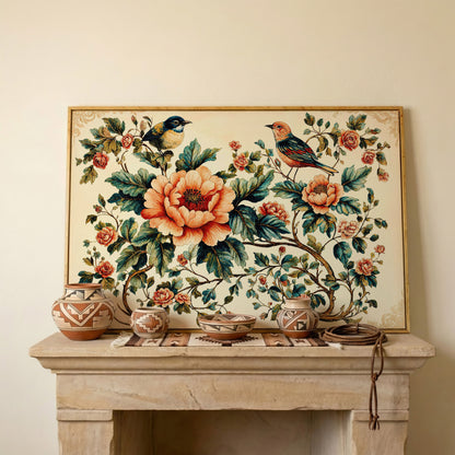 Two Birds Among Roses and Peonies. Botanical Canvas Art in white oak floating frame