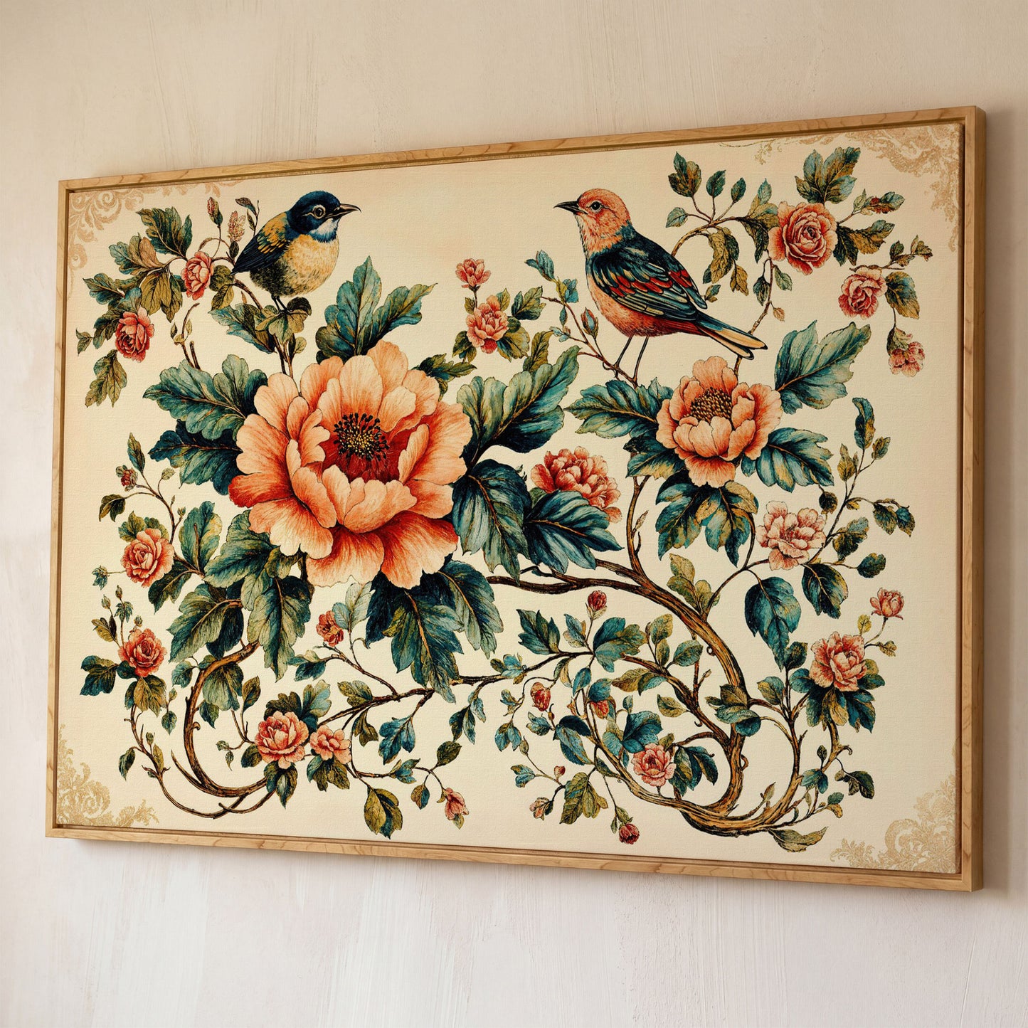 Two Birds Among Roses and Peonies. Botanical Canvas Art shown in white oak floating frame