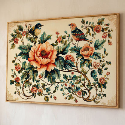 Two Birds Among Roses and Peonies. Botanical Canvas Art shown in white oak floating frame