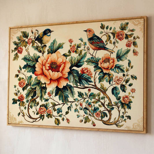 Two Birds Among Roses and Peonies. Botanical Canvas Art shown in white oak floating frame