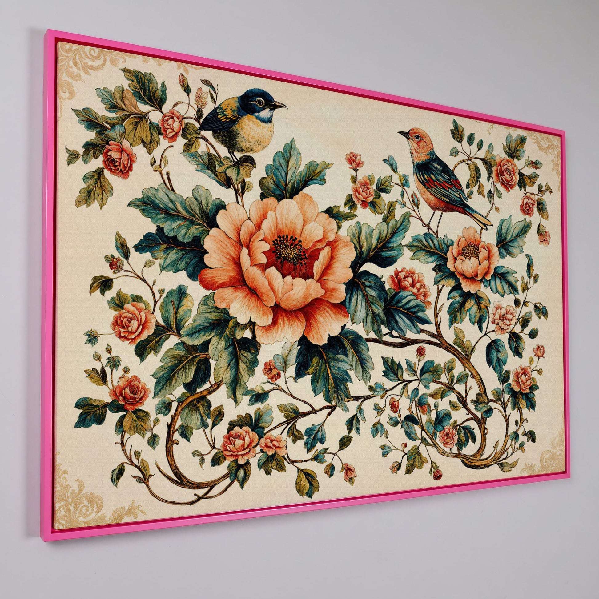 Two Birds Among Roses and Peonies. Botanical Canvas Art in pink floating frame