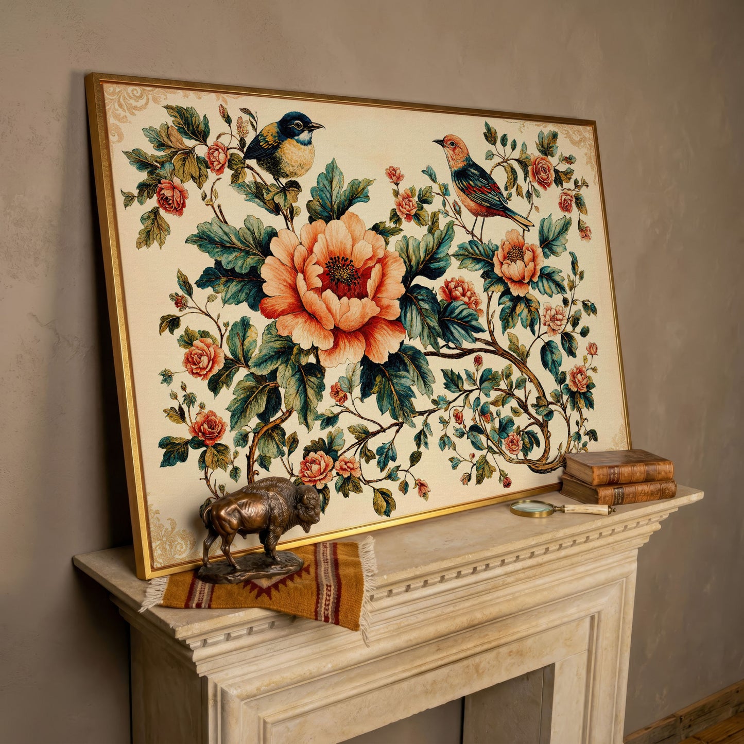 Two Birds Among Roses and Peonies. Botanical Canvas Art in rose gold floating frame