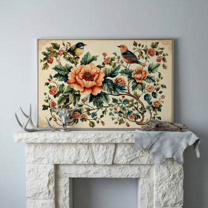 Two Birds Among Roses and Peonies. Botanical Canvas Art in silver floating frame