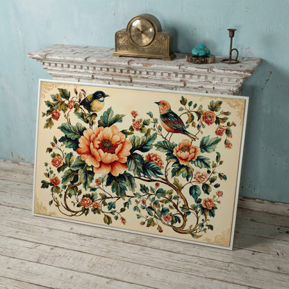 Two Birds Among Roses and Peonies. Botanical Canvas Art in white floating frame