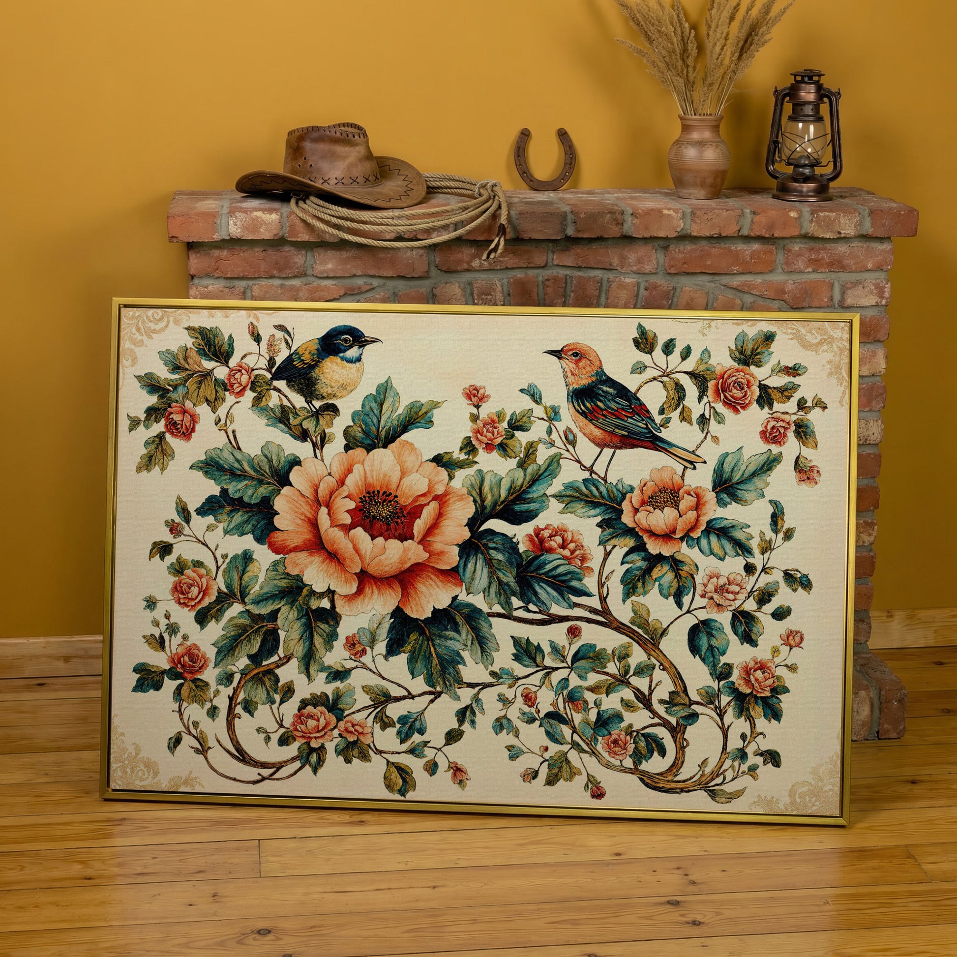 Two Birds Among Roses and Peonies. Botanical Canvas Art in yellow gold floating frame