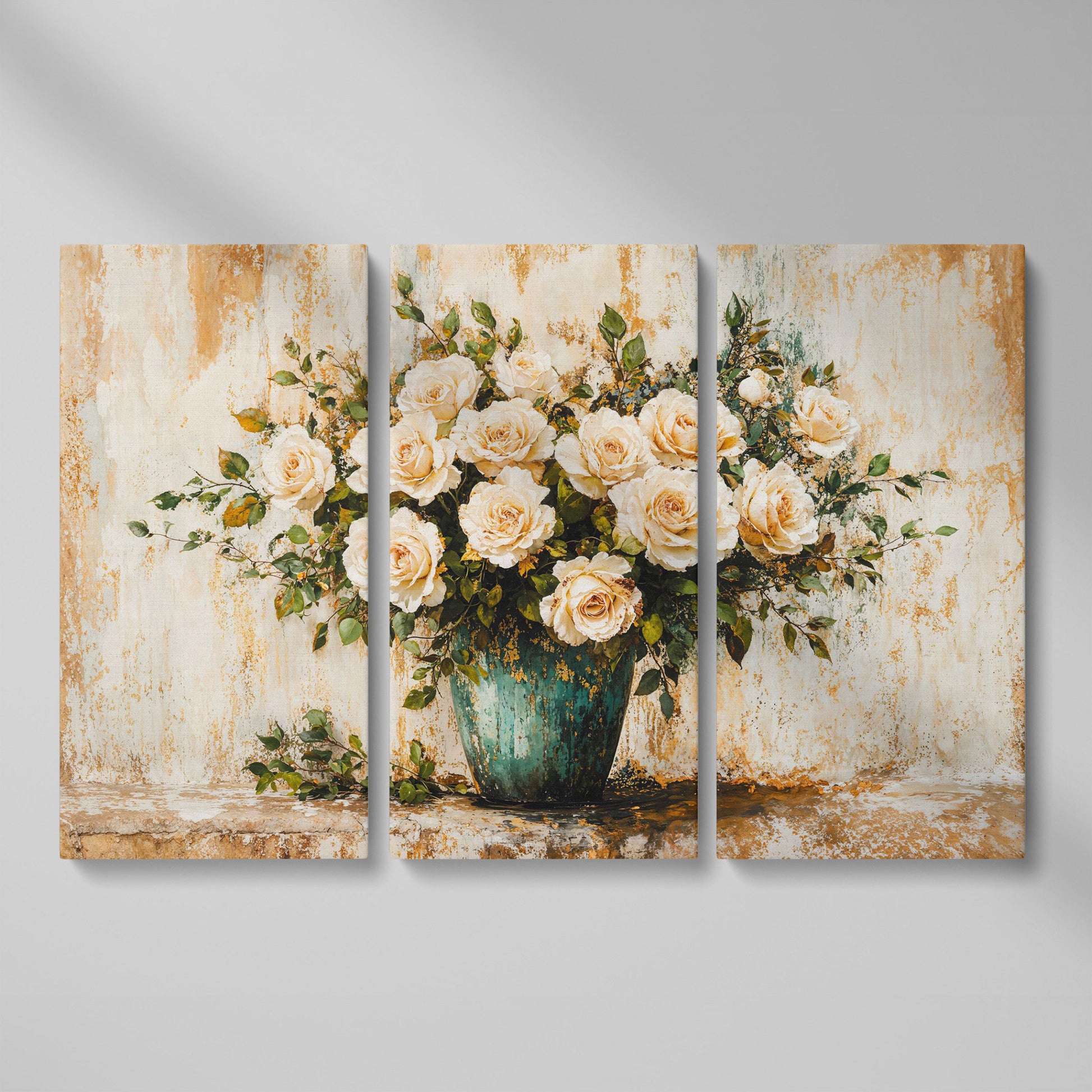 White Roses in Vase Canvas Print, Floral Still Life Wall Art as 3-panel split version