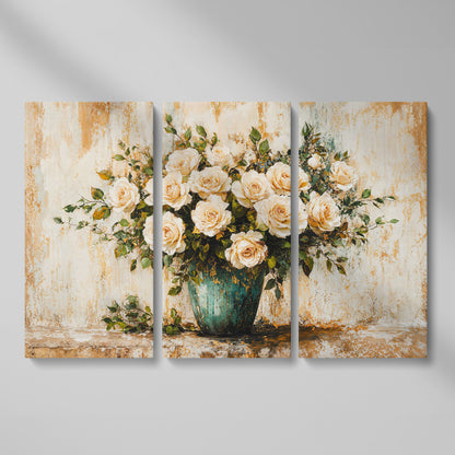 White Roses in Vase Canvas Print, Floral Still Life Wall Art as 3-panel split version