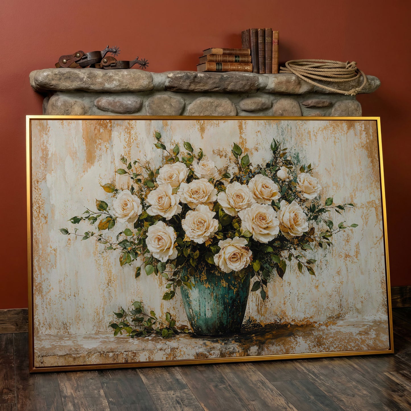 White Roses in Vase Canvas Print, Floral Still Life Wall Art in antique gold floating frame