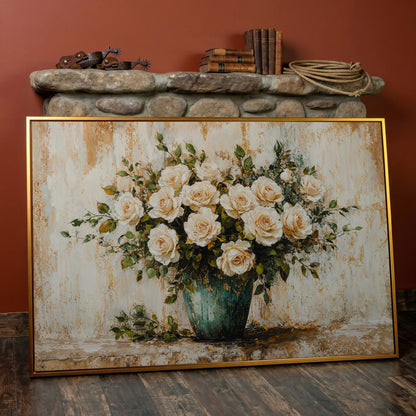 White Roses in Vase Canvas Print, Floral Still Life Wall Art in antique gold floating frame