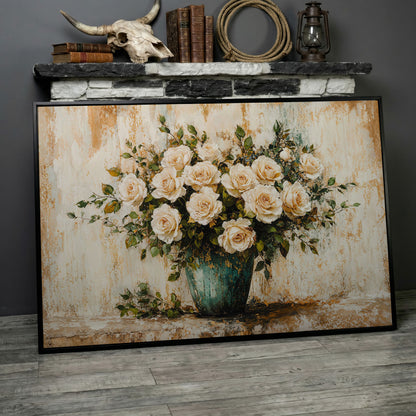 White Roses in Vase Canvas Print, Floral Still Life Wall Art in black floating frame