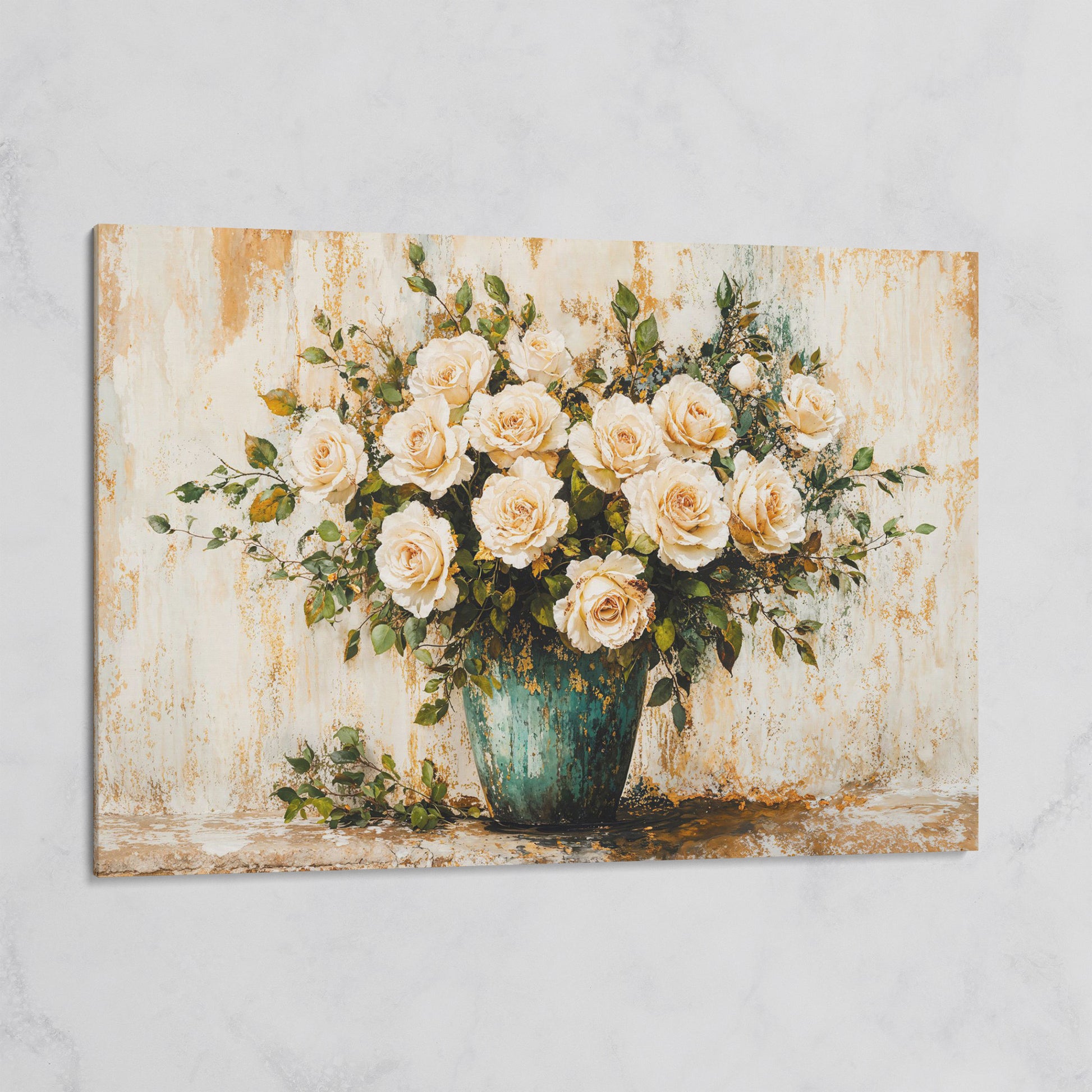White Roses in Vase Canvas Print, Floral Still Life Wall Art on gallery wrap