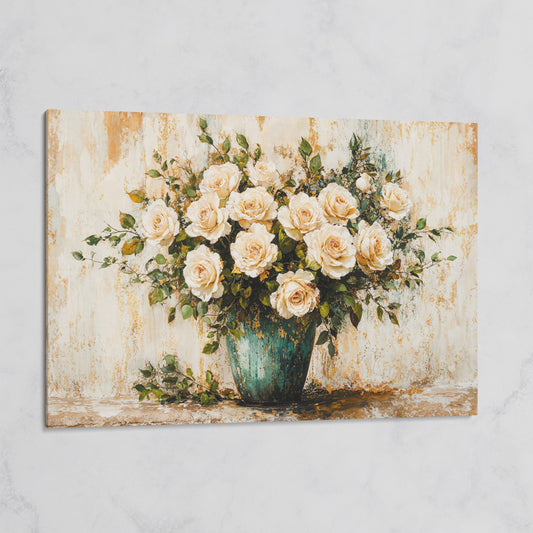 White Roses in Vase Canvas Print, Floral Still Life Wall Art on gallery wrap