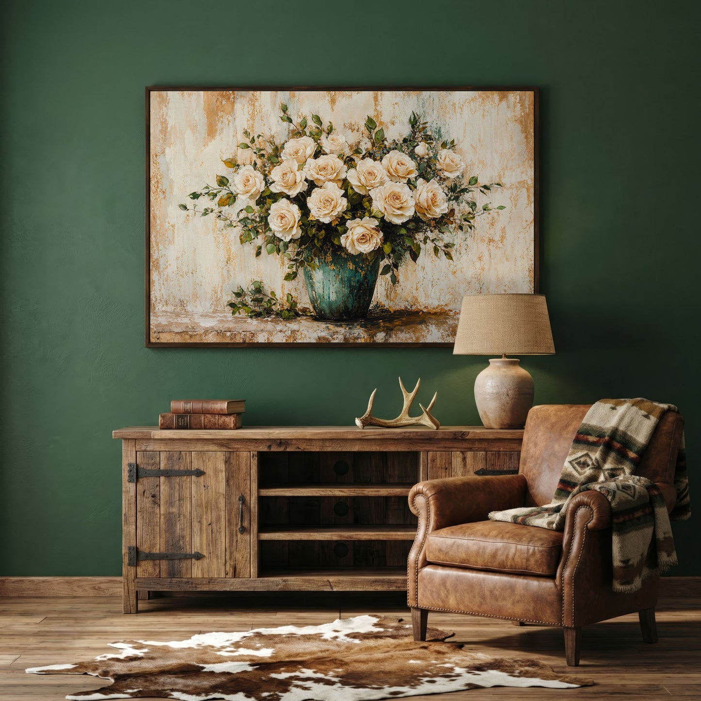 White Roses in Vase Canvas Print, Floral Still Life Wall Art in dark walnut floating frame