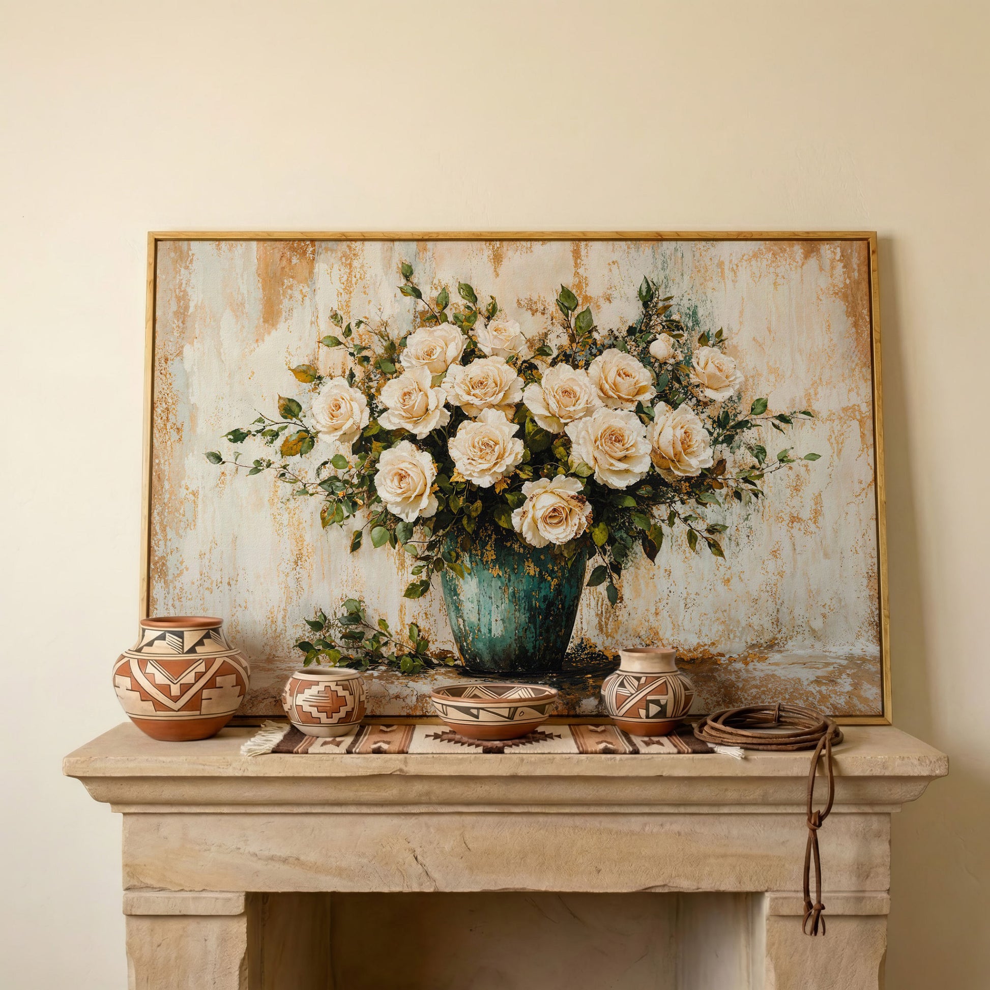 White Roses in Vase Canvas Print, Floral Still Life Wall Art in white oak floating frame