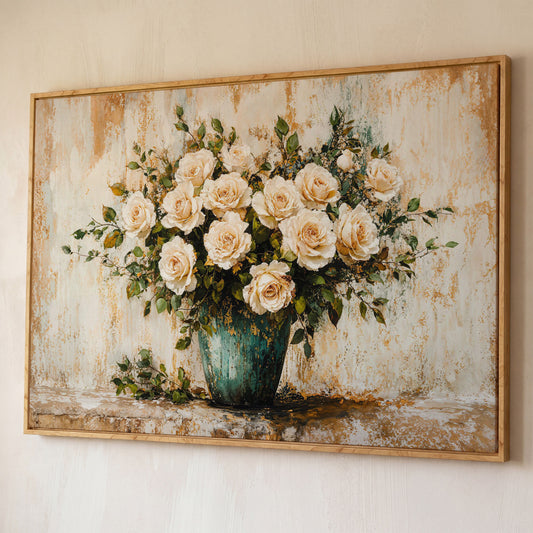 White Roses in Vase Canvas Print, Floral Still Life Wall Art shown in white oak floating frame