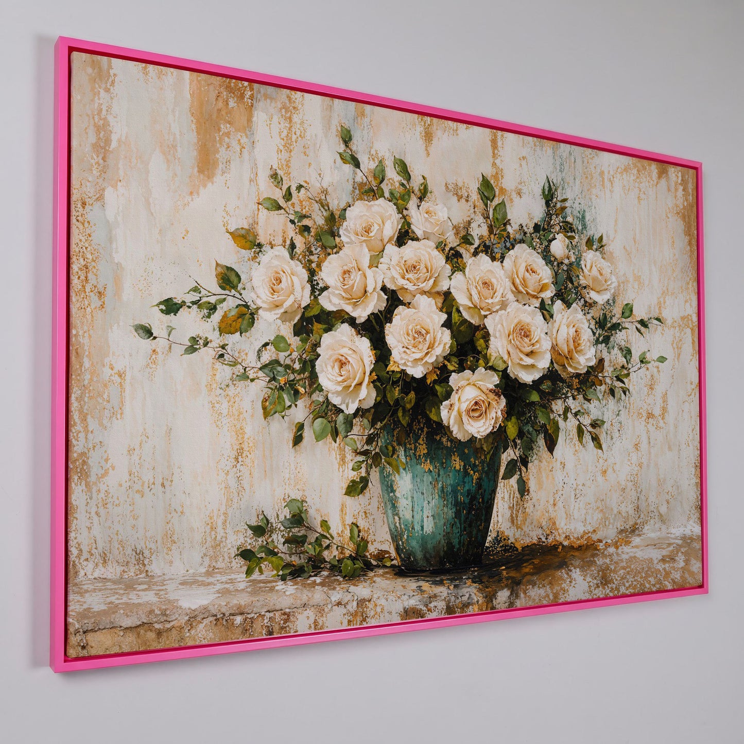White Roses in Vase Canvas Print, Floral Still Life Wall Art in pink floating frame
