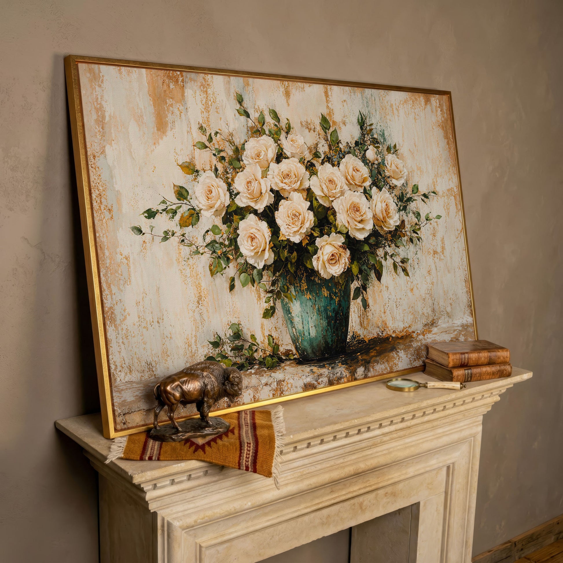 White Roses in Vase Canvas Print, Floral Still Life Wall Art in rose gold floating frame