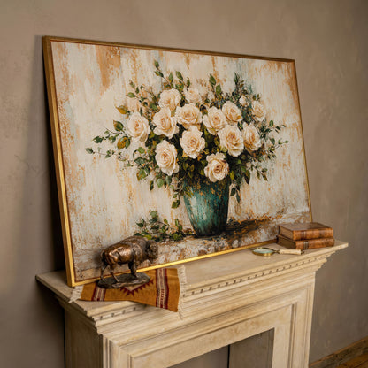 White Roses in Vase Canvas Print, Floral Still Life Wall Art in rose gold floating frame