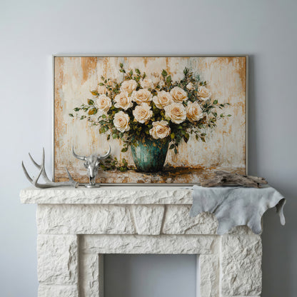 White Roses in Vase Canvas Print, Floral Still Life Wall Art in silver floating frame