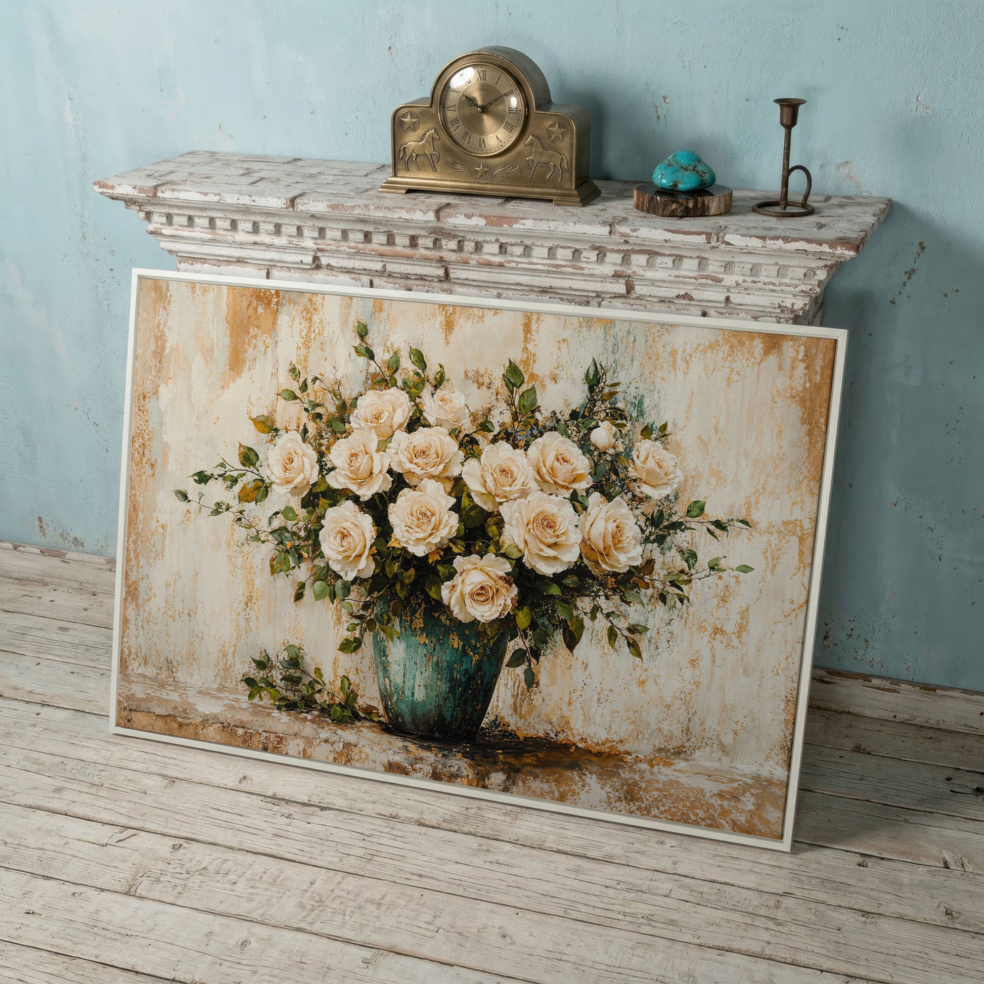 White Roses in Vase Canvas Print, Floral Still Life Wall Art in white floating frame