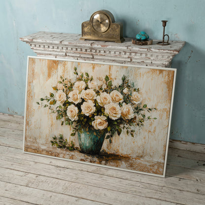 White Roses in Vase Canvas Print, Floral Still Life Wall Art in white floating frame