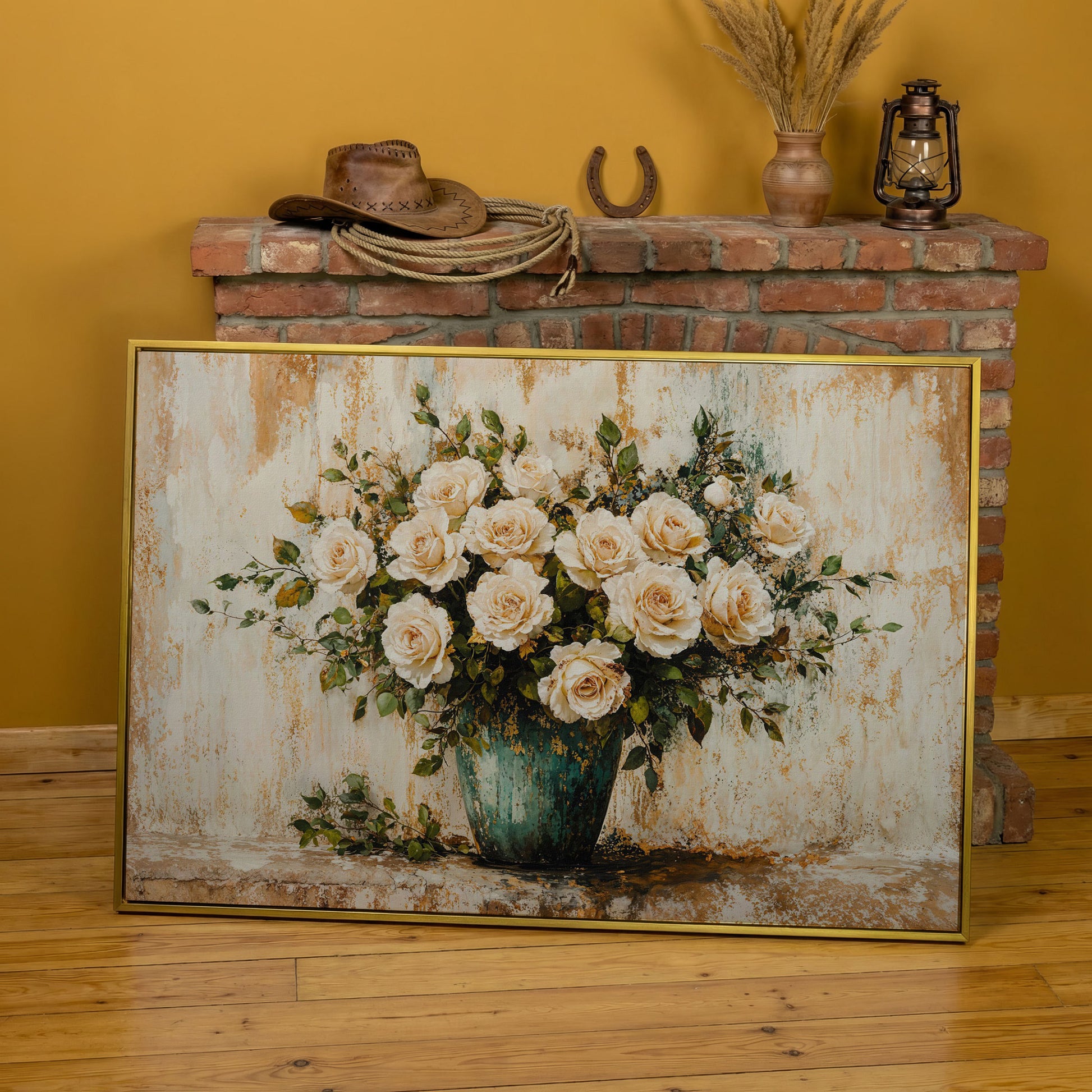 White Roses in Vase Canvas Print, Floral Still Life Wall Art in yellow gold floating frame