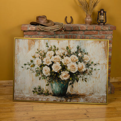 White Roses in Vase Canvas Print, Floral Still Life Wall Art in yellow gold floating frame