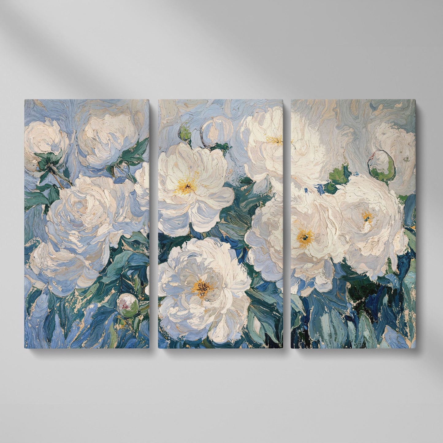 White Peony Abstract Botanical Canvas as 3-panel split version