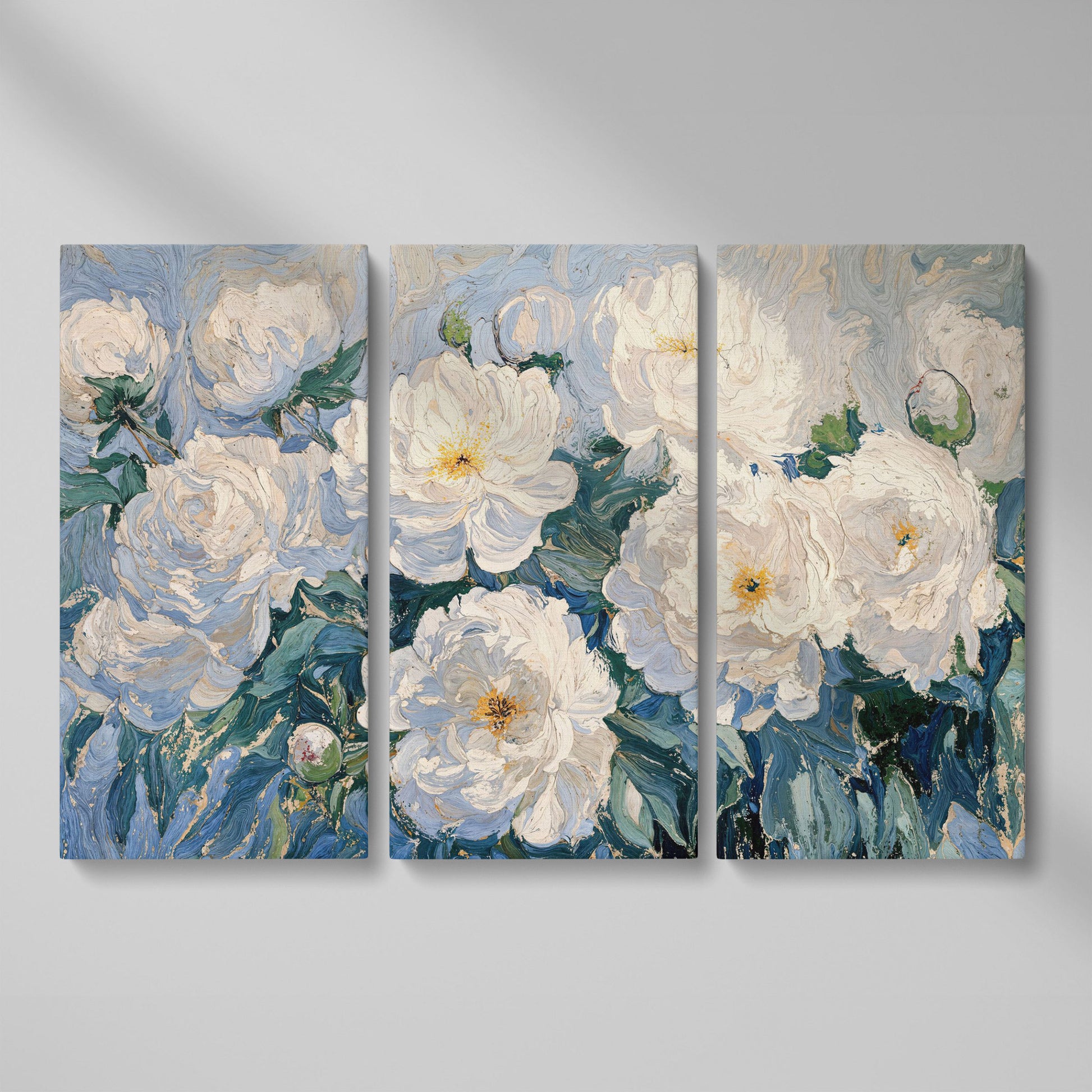 White Peony Abstract Botanical Canvas as 3-panel split version