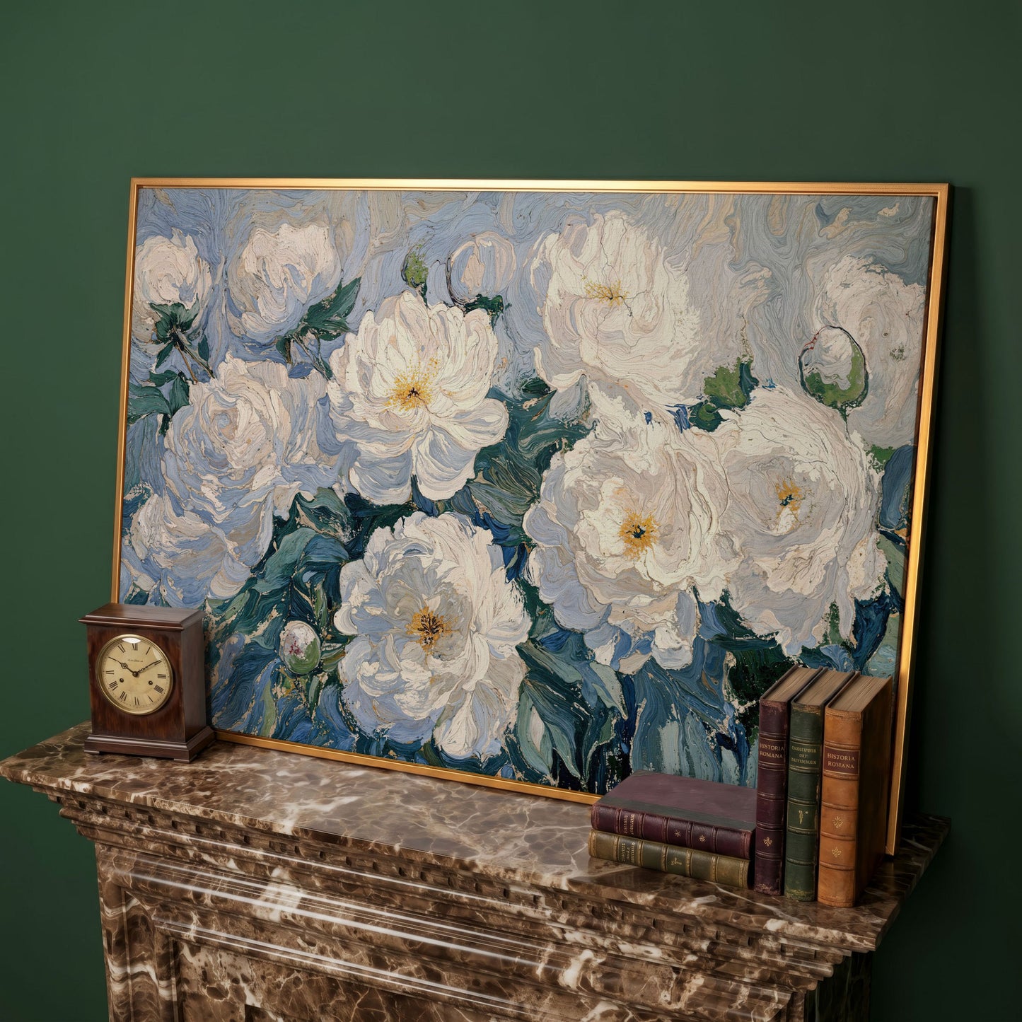 White Peony Abstract Botanical Canvas in antique gold floating frame