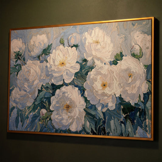 White Peony Abstract Botanical Canvas shown in antique gold floating frame