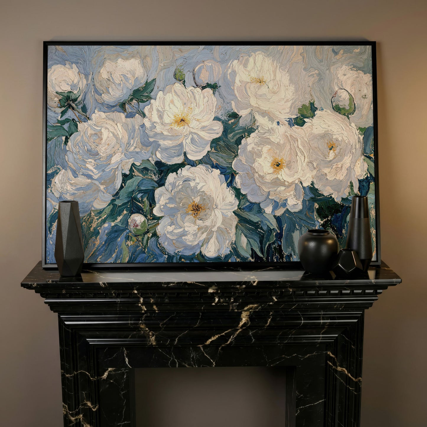 White Peony Abstract Botanical Canvas in black floating frame